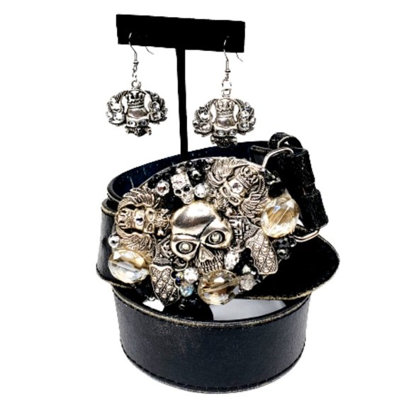 Gothic Skull Embellished Silver Handcrafted Buckle & Earring Srk. Crystals.